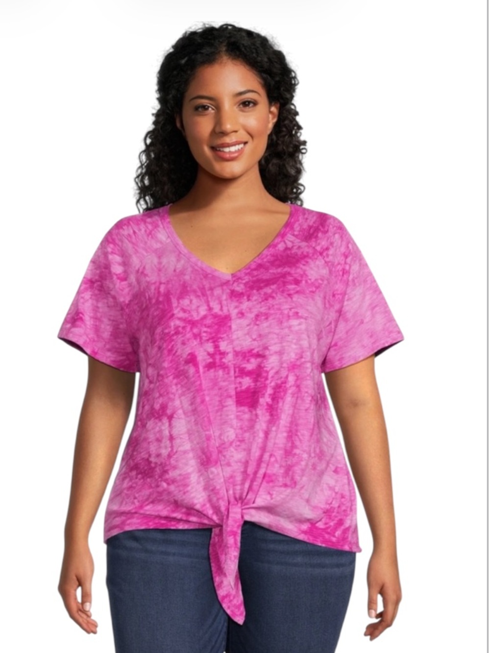 Terra & Sky Pink Tie Dye Raglan V Neck Tie Front Slub Knit Top Plus Size 1X 16W
